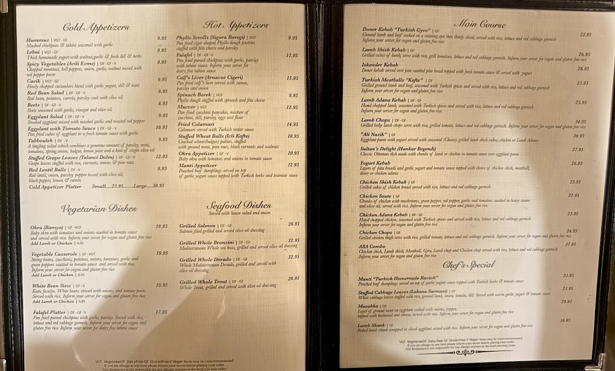 ABA Turkish Restaurant Menu - Image 1